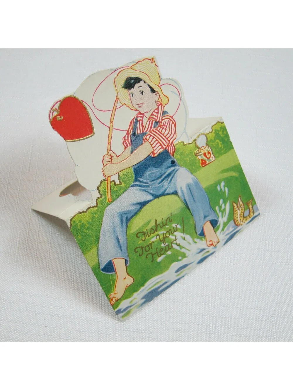 Vintage Valentine 1929 Stand Up Boy Fishing For Heart American Colortype Co USA